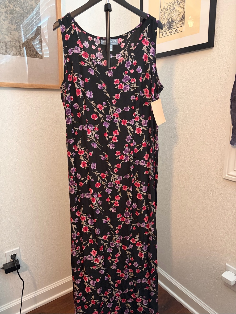 Gorgeous NWT 90s Black Floral Maxi Dress with Pink & Purple Blooms